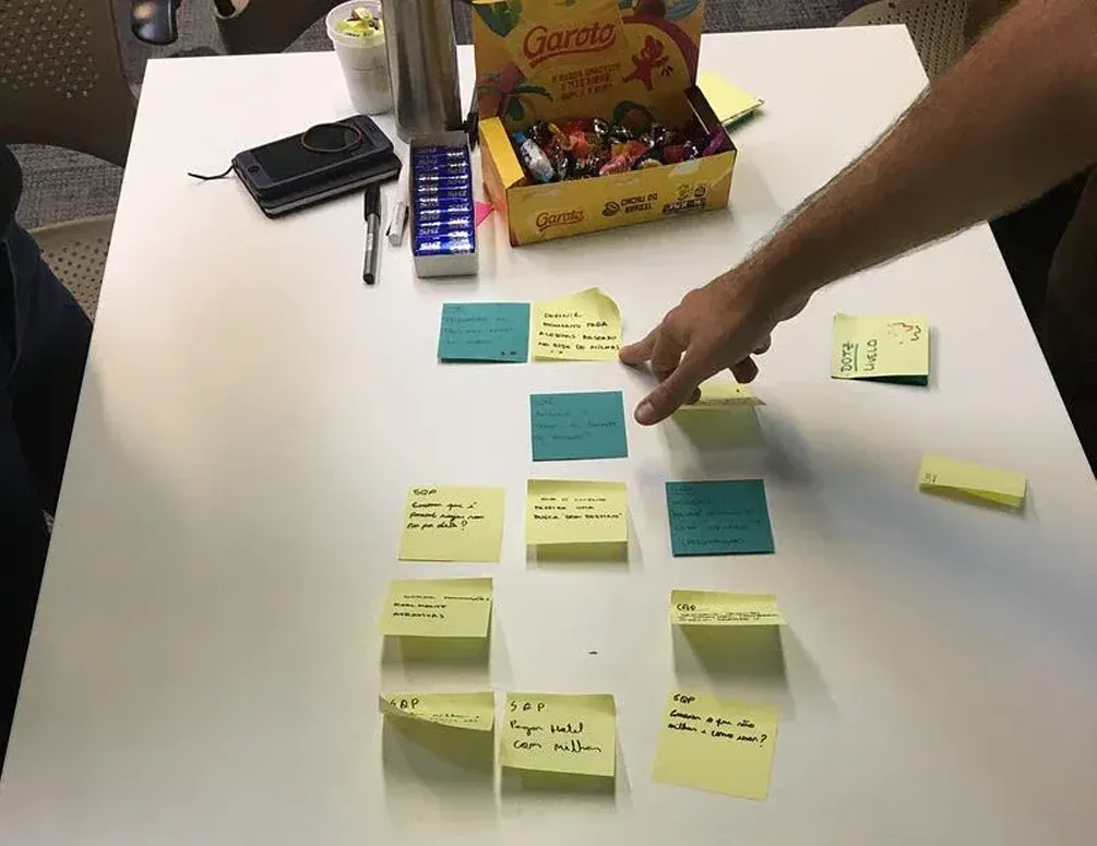 Pessoa organizando post-its amarelos e azuis em grupos sobre mesa branca durante sessão de brainstorming, com materiais de workshop.