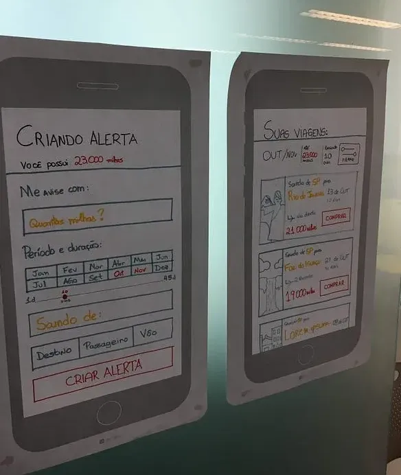 Wireframes de aplicativo móvel desenhados em papel mostrando telas de Criando Alerta e Suas Viagens, com formulários e elementos de interface detalhados.